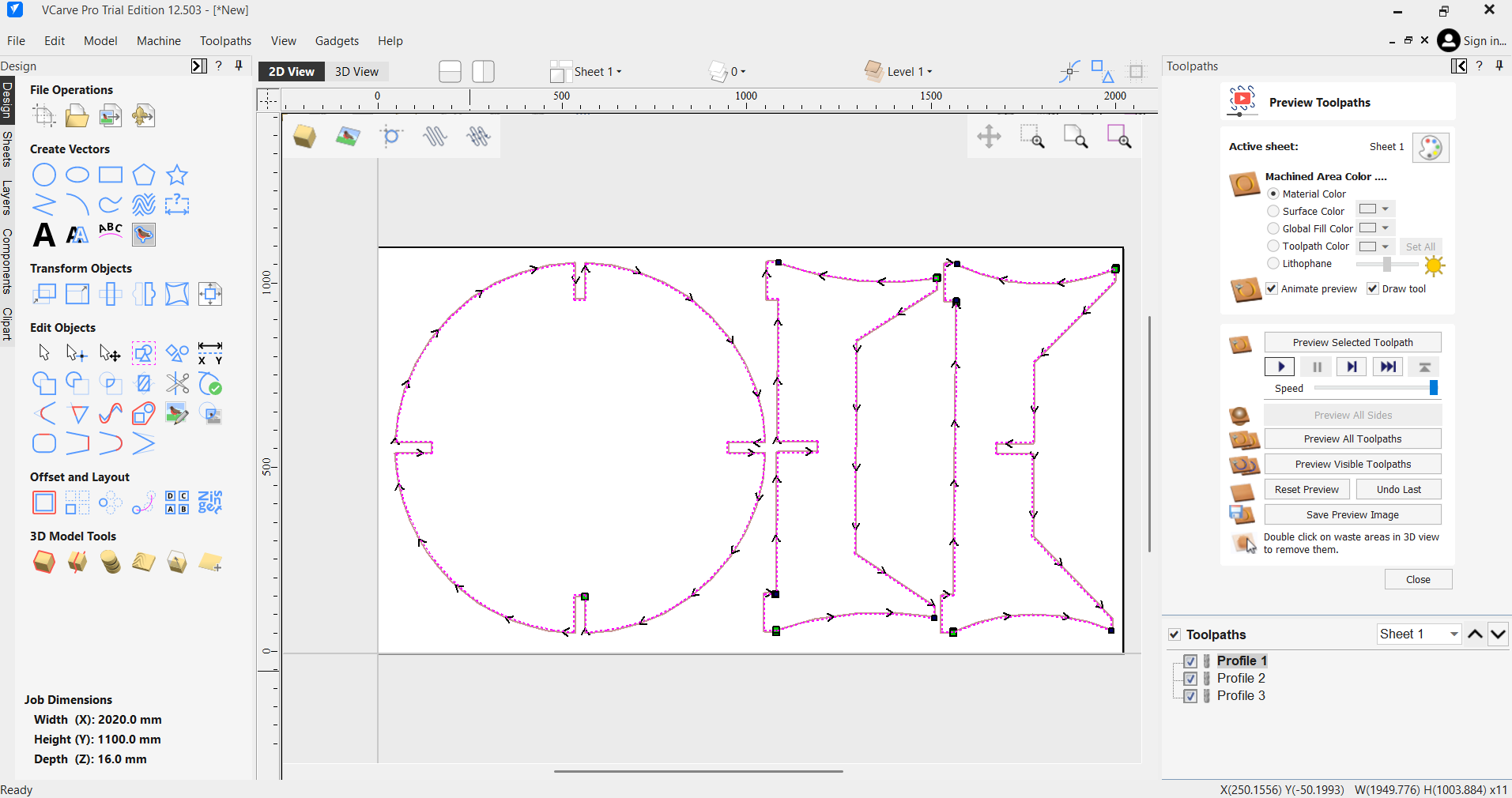 Toolpath simulation in VCarve